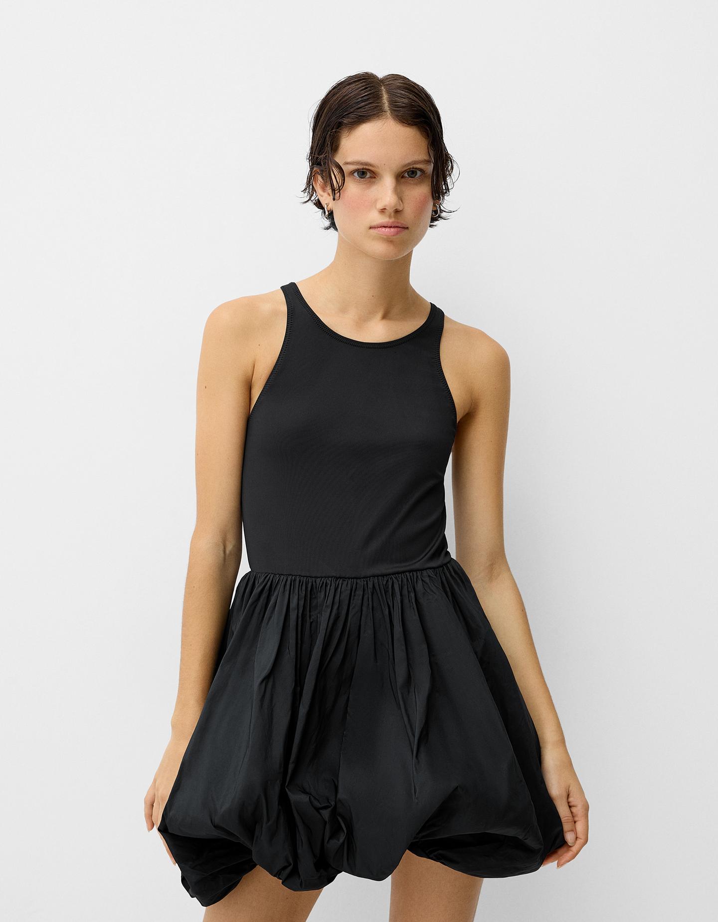 Bershka Minikleid Mit Maxi-Rock Im Ballonärmel-Stil Damen Xs Schwarz günstig online kaufen