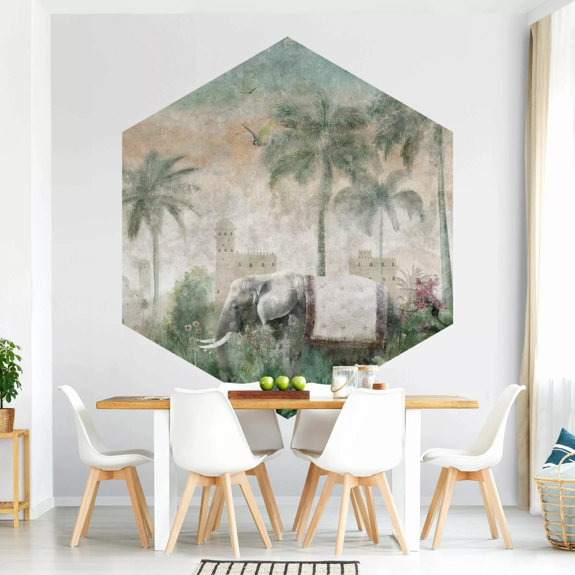 Hexagon Tapete selbstklebend Vintage Dschungel Szene mit Elefant günstig online kaufen
