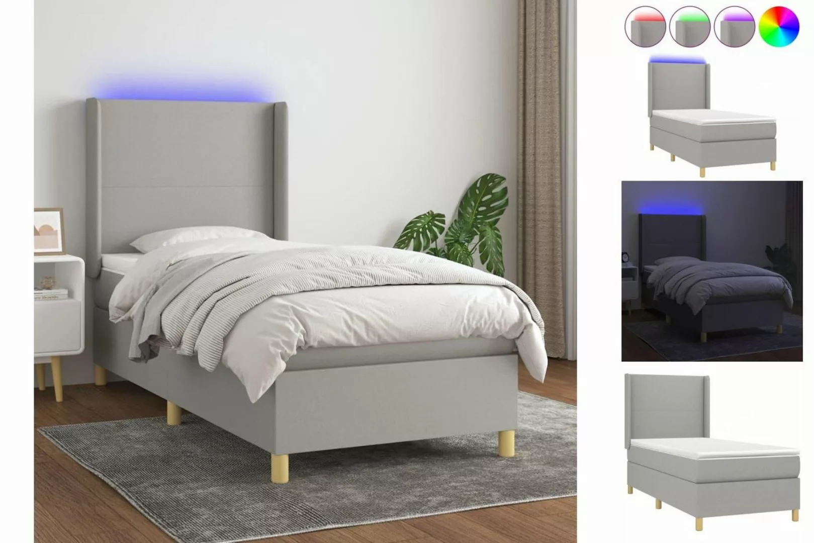 vidaXL Bettgestell Boxspringbett mit Matratze LED Hellgrau 90x200 cm Stoff günstig online kaufen