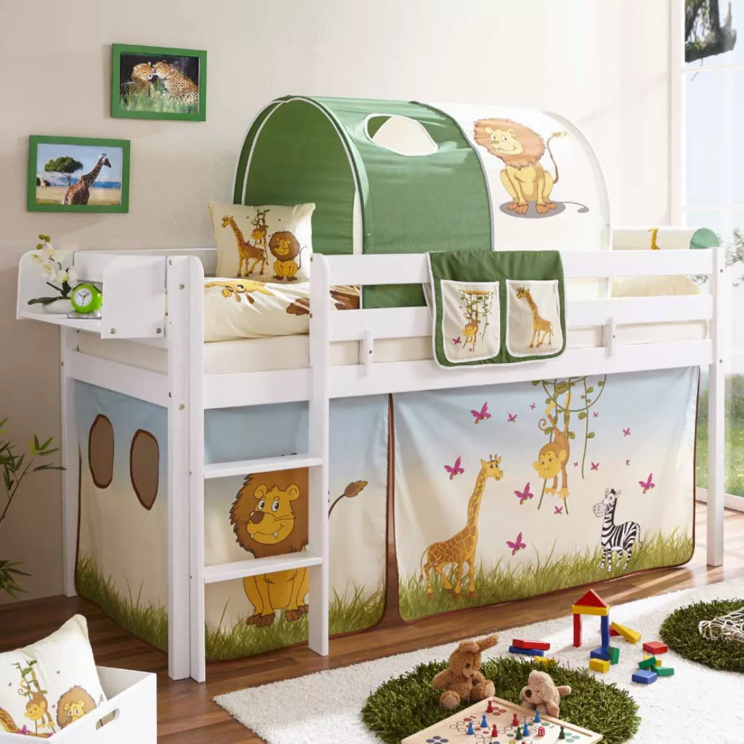 Kinderhochbett mit Tiermotiven Vorhang und Tunnel günstig online kaufen