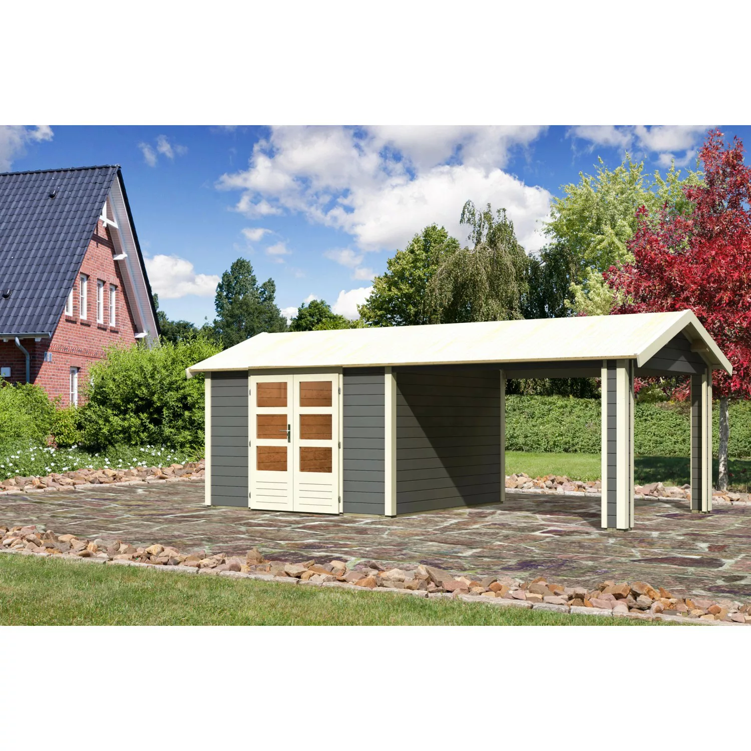 Karibu Holz-Gartenhaus Timra Terragrau Satteldach Lackiert 300 cm x 300 cm günstig online kaufen