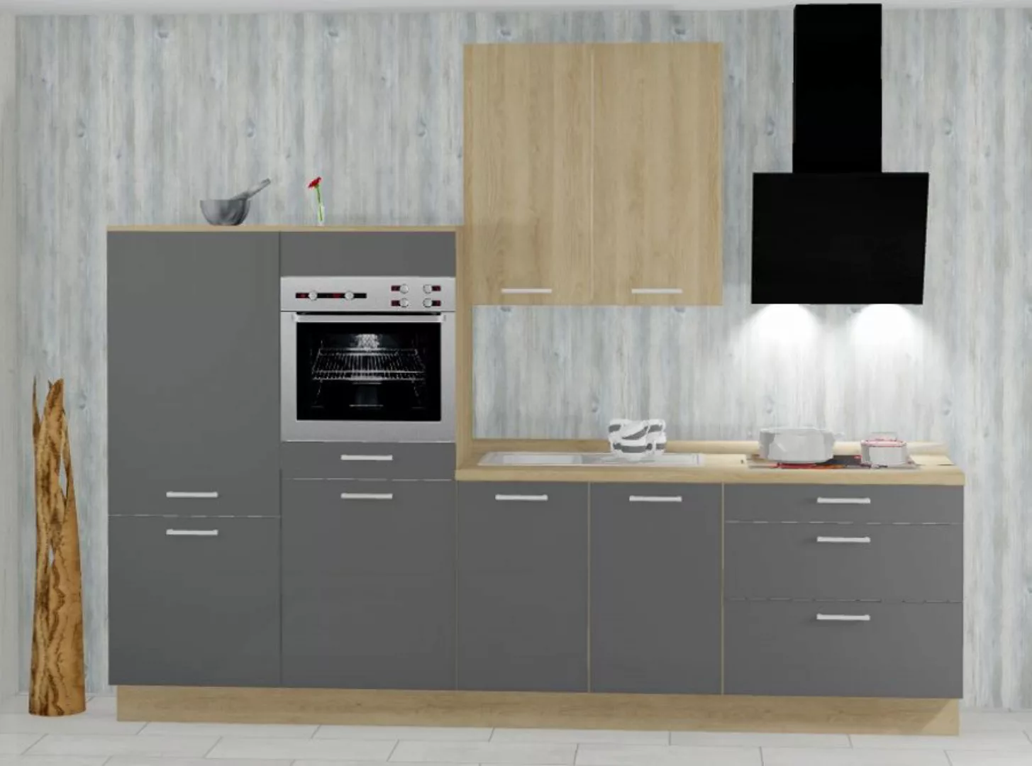 Einbauküche MANKATREND 24 in Grau / Eiche - Schränke montiert/ Küchenzeile günstig online kaufen