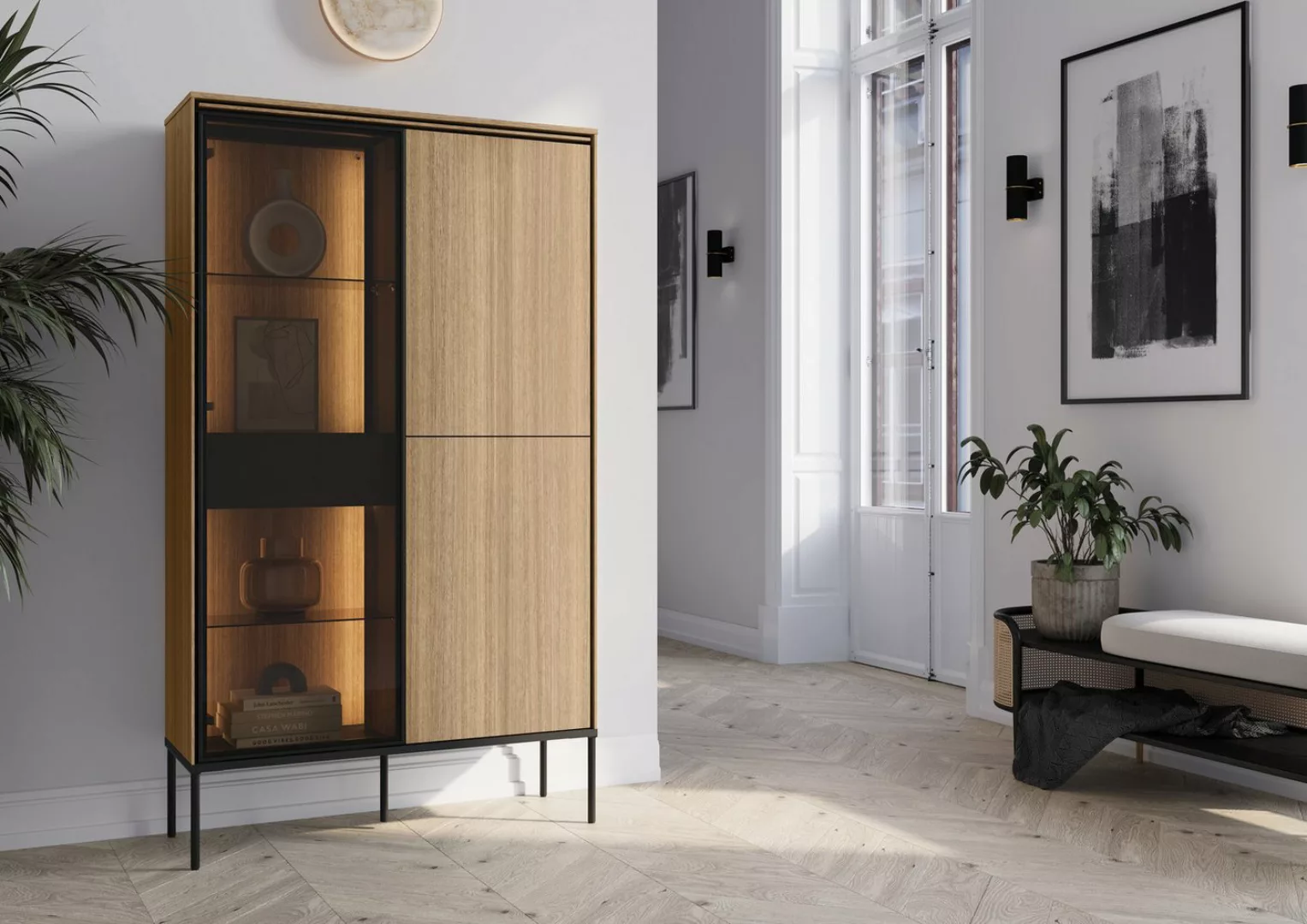 yourhouse24 Vitrine VISSO VI-01 mit Beleuchtung Eiche linear günstig online kaufen