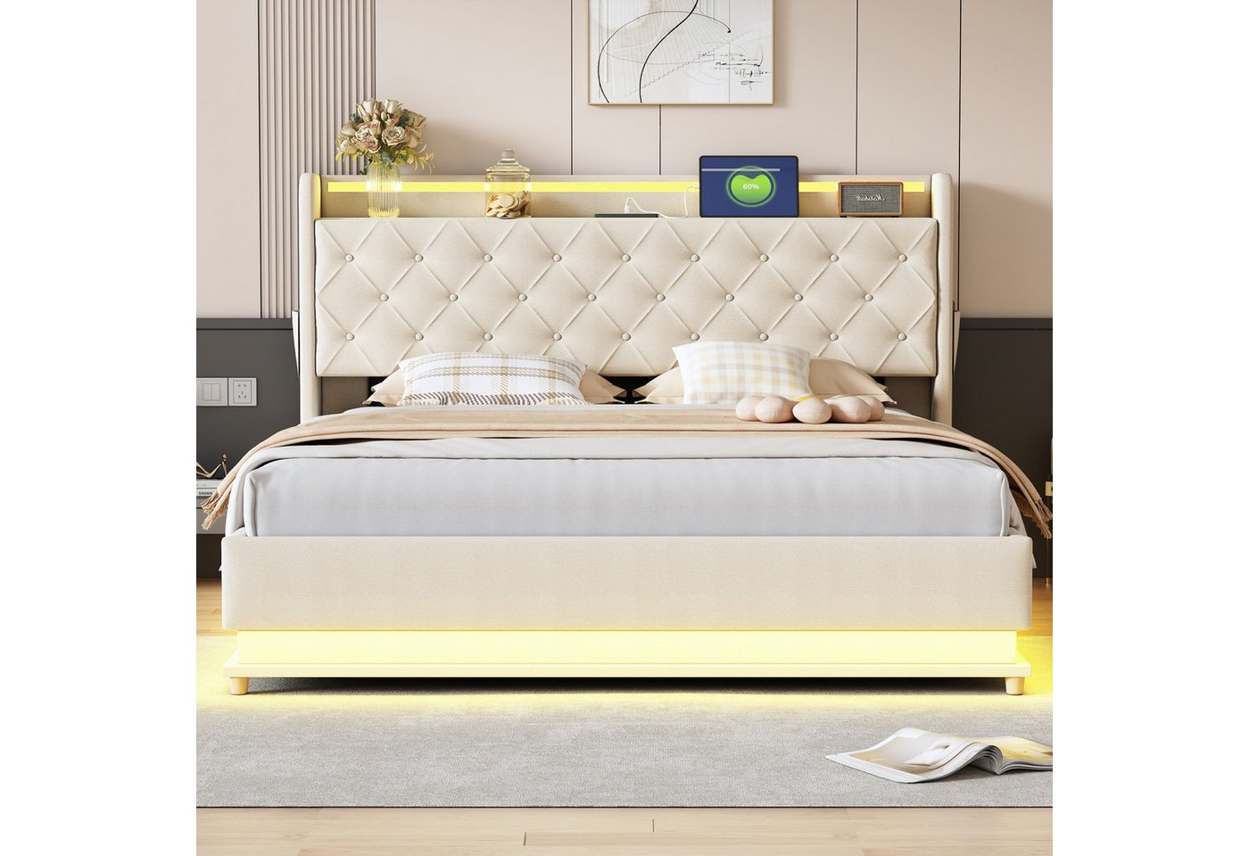 IDEASY Polsterbett Doppelbett, 160 x 200 cm, beige/grau, (Hydraulischer Lag günstig online kaufen