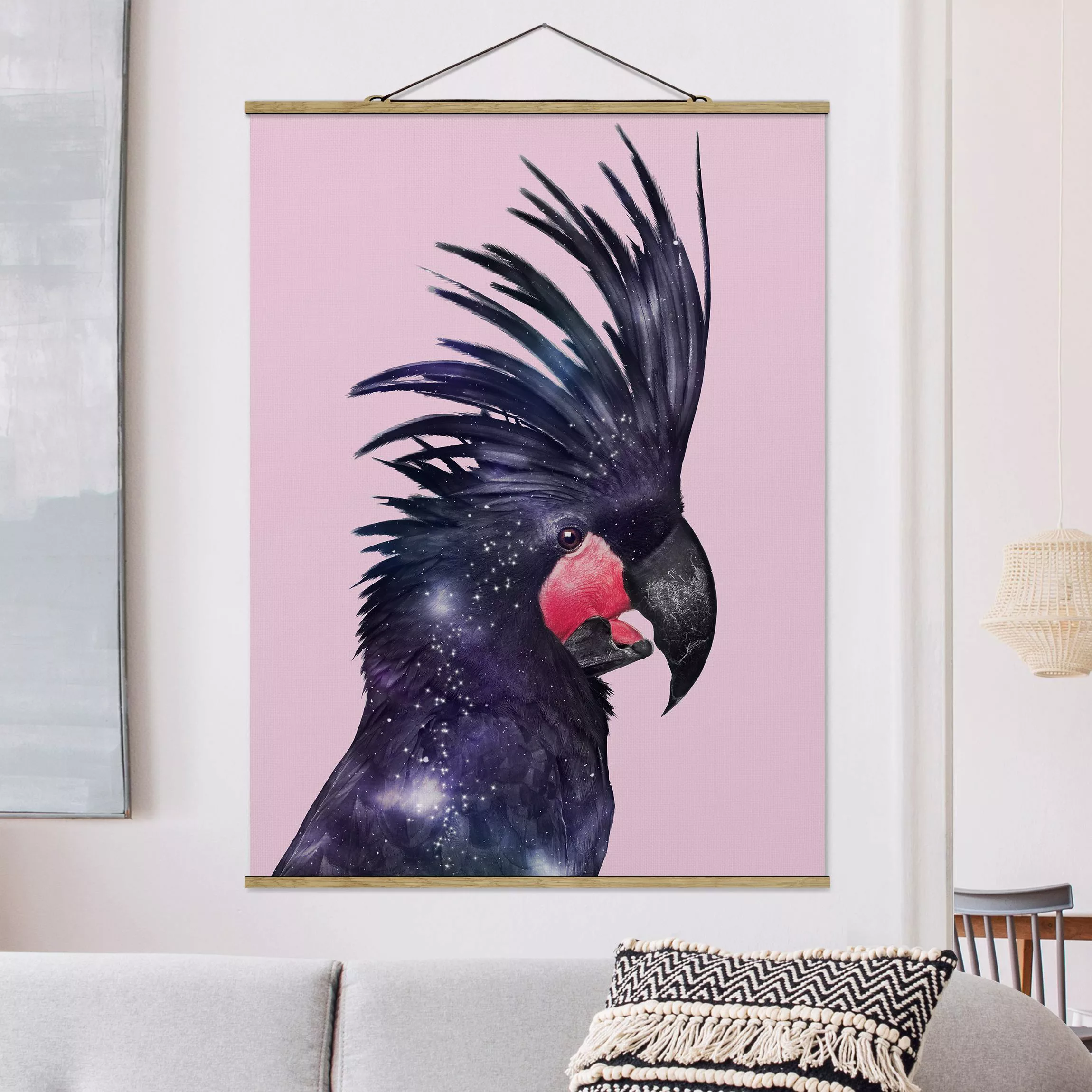 Stoffbild Tiere mit Posterleisten - Hochformat Kakadu mit Galaxie günstig online kaufen