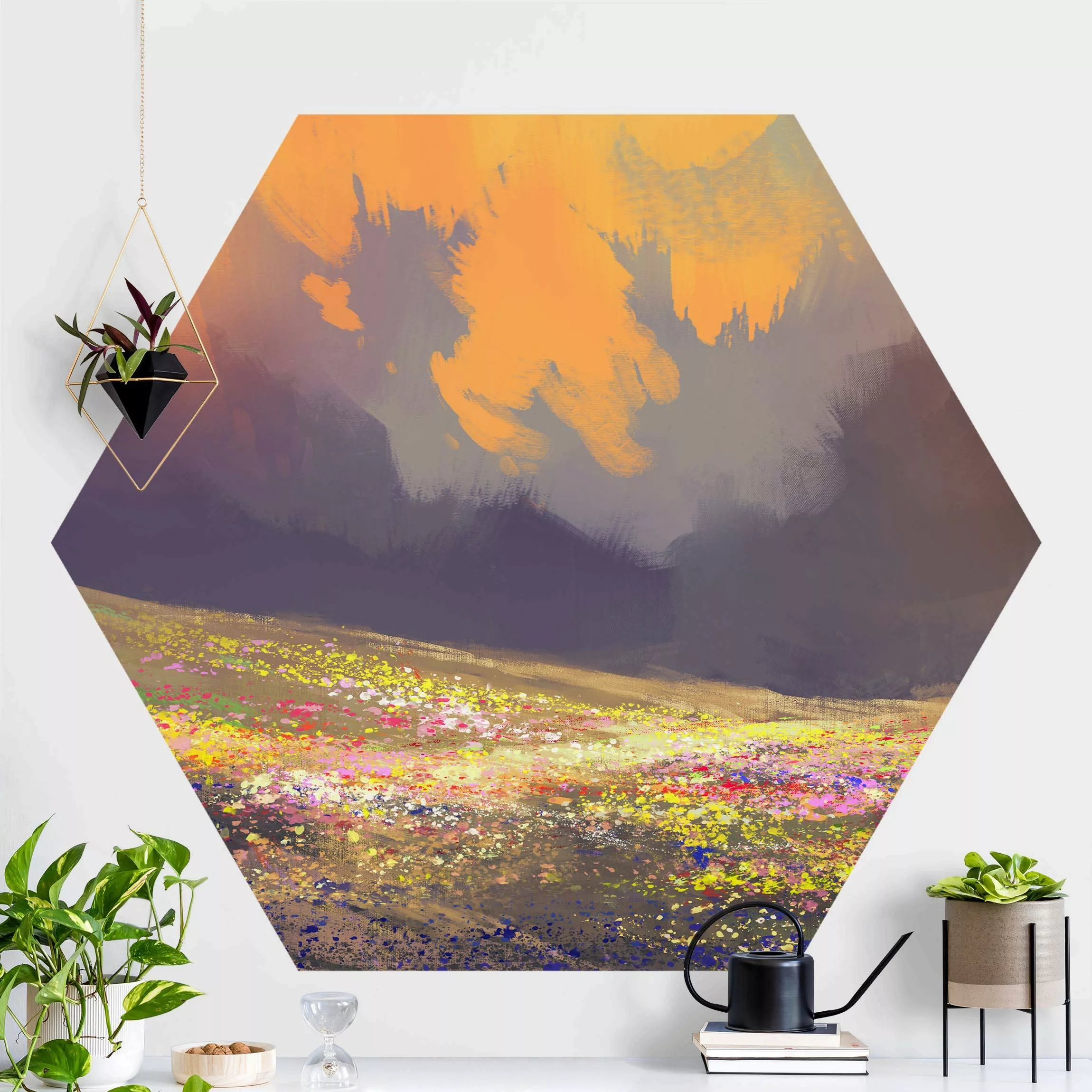 Hexagon Mustertapete selbstklebend Gemalte Anime Landschaft günstig online kaufen
