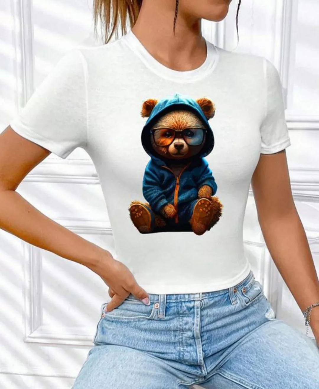 RMK Print-Shirt Damen T-Shirt Top Sommer Rundhals süßer Teddybär Bär Brille günstig online kaufen