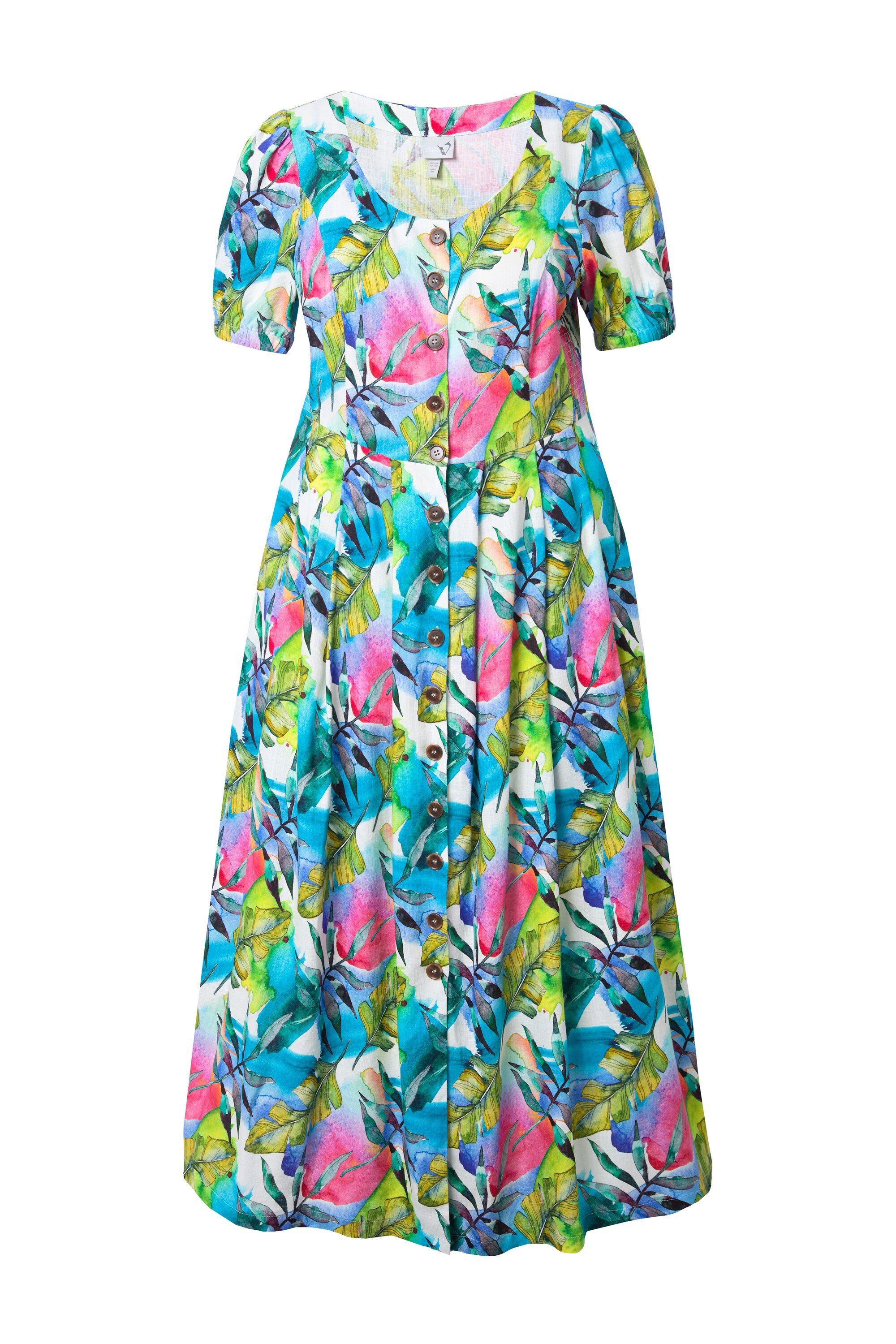 Ulla Popken Dirndl Leinenmix-Maxikleid Rundhals Halbarm günstig online kaufen