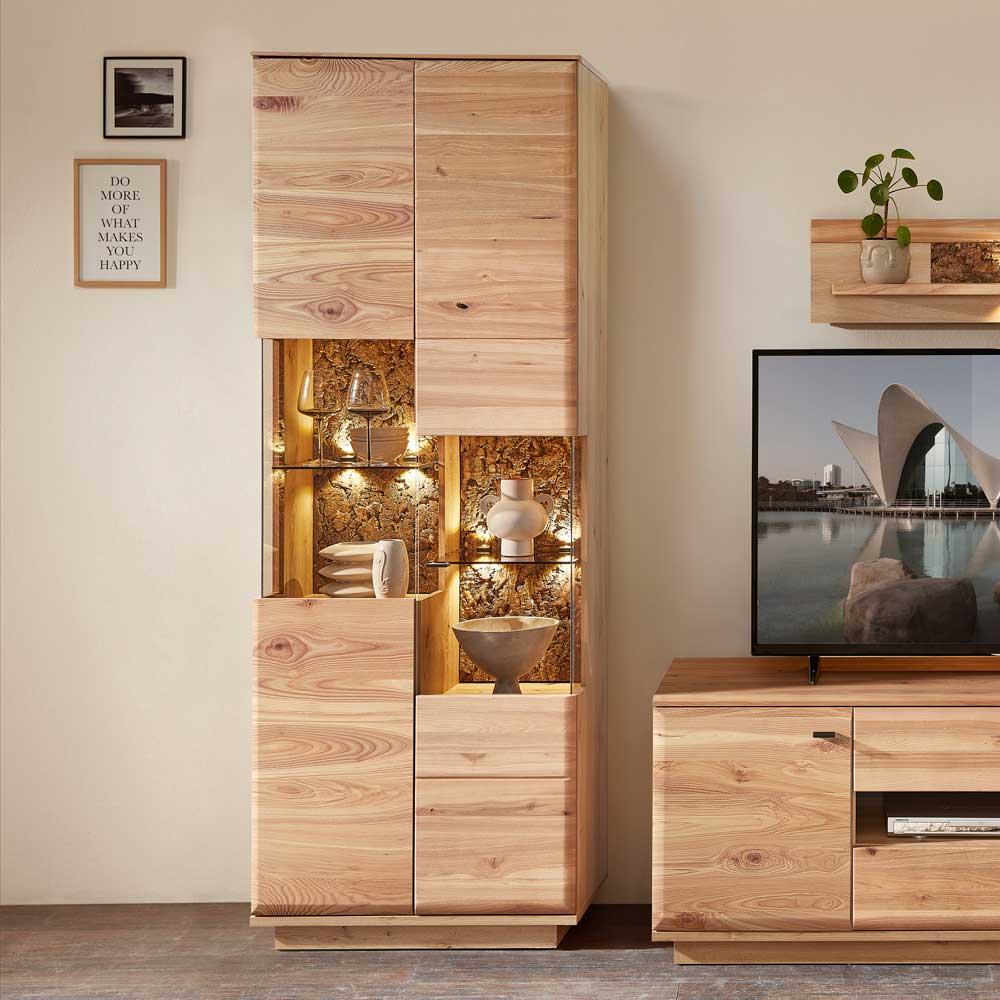 Wohnwand Holz teilmassiv in modernem Design 204 cm hoch (dreiteilig) günstig online kaufen