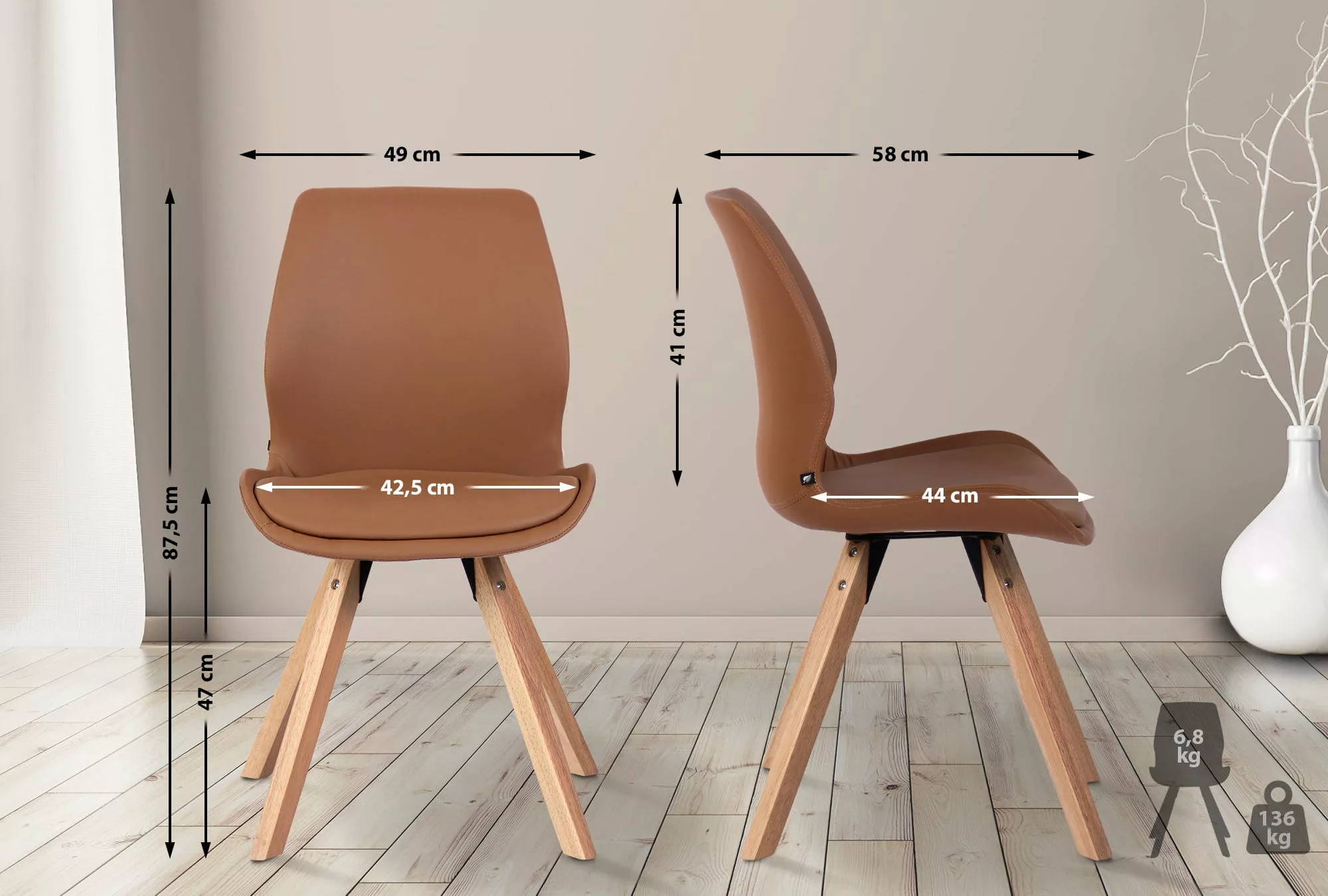 2er Set Stuhl Luna Kunstleder Hellbraun günstig online kaufen