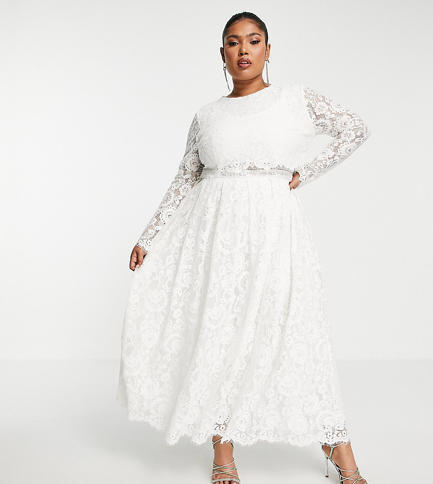 ASOS EDITION Curve – Kate – Hochzeitskleid aus weißer Spitze in Midilänge günstig online kaufen