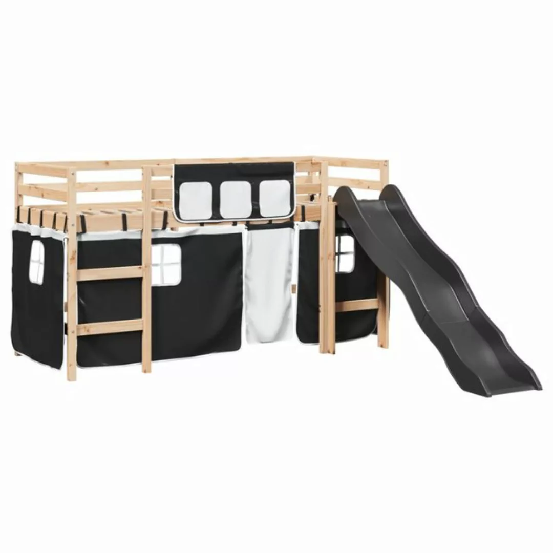 vidaXL Bett Kinderhochbett mit Vorhängen Weiß und Schwarz Massivholz Kiefer günstig online kaufen