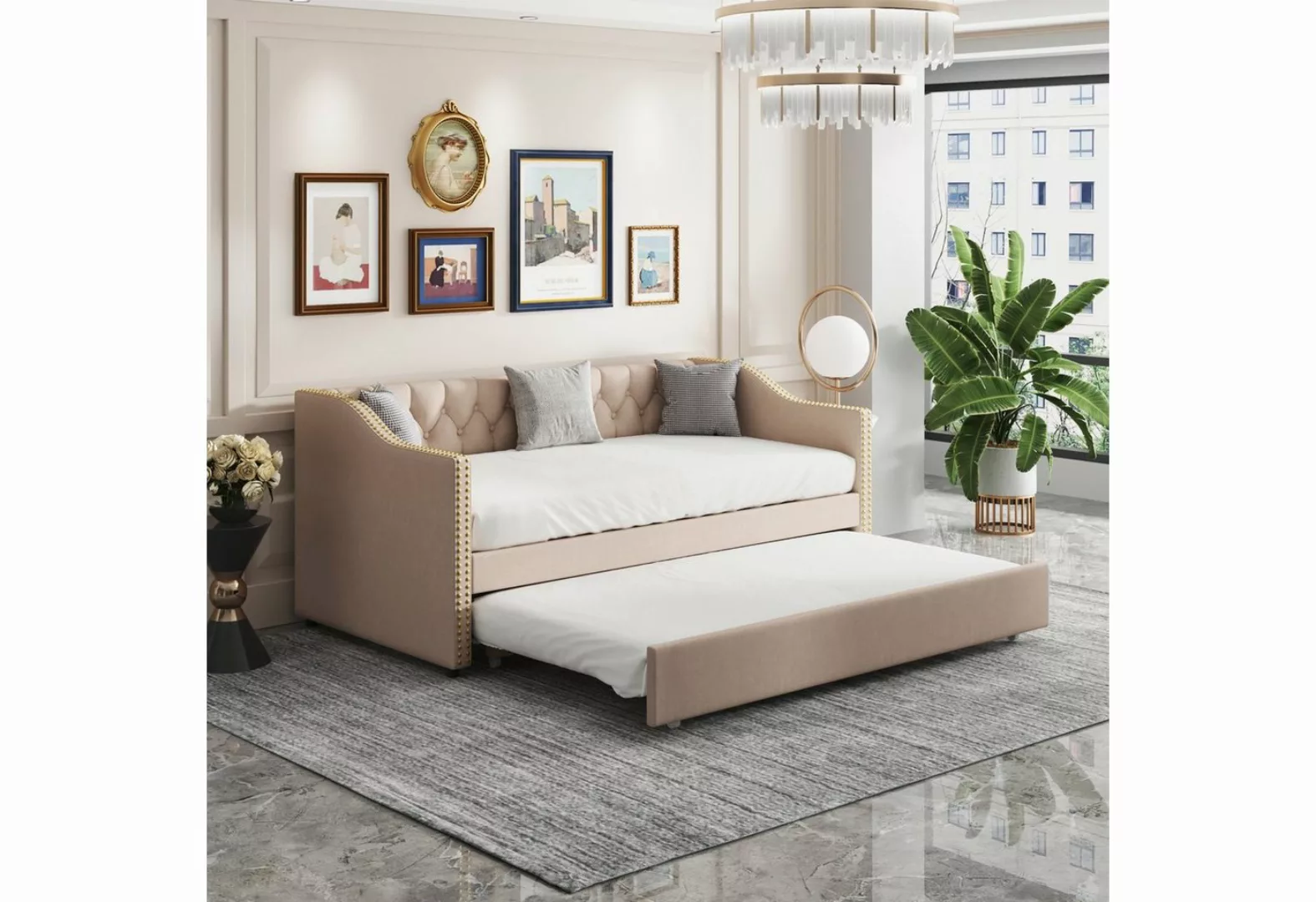 Ulife Daybett Beige ausziehbares Tagesbett Schlafsofa mit Unterbett Leinen, günstig online kaufen