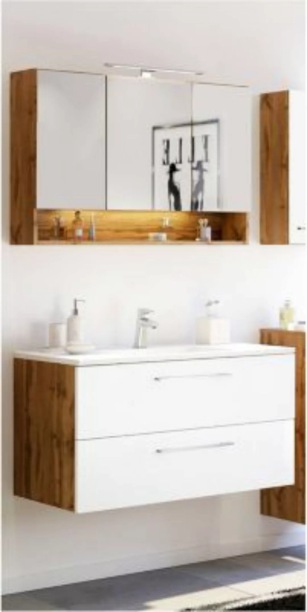 Lomadox Badezimmer Waschplatz Set LOUNY-03 in Wotaneiche Nb. mit matt weiß, günstig online kaufen