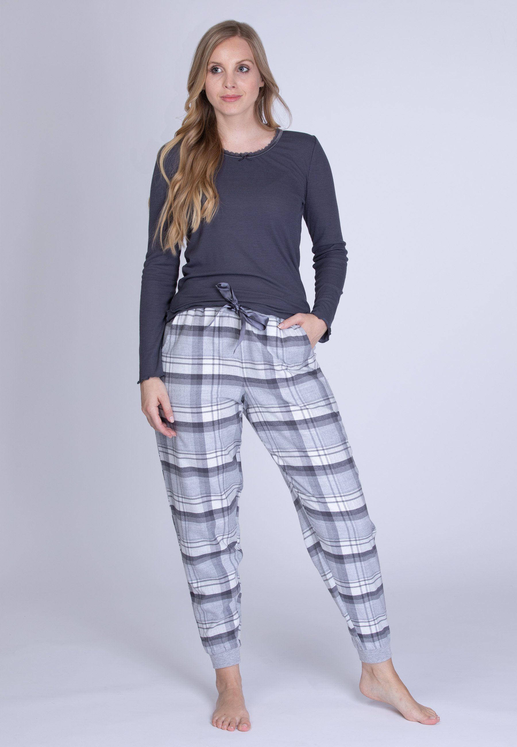maluuna Pyjama Damen Schlafanzug mit Flanellhose günstig online kaufen