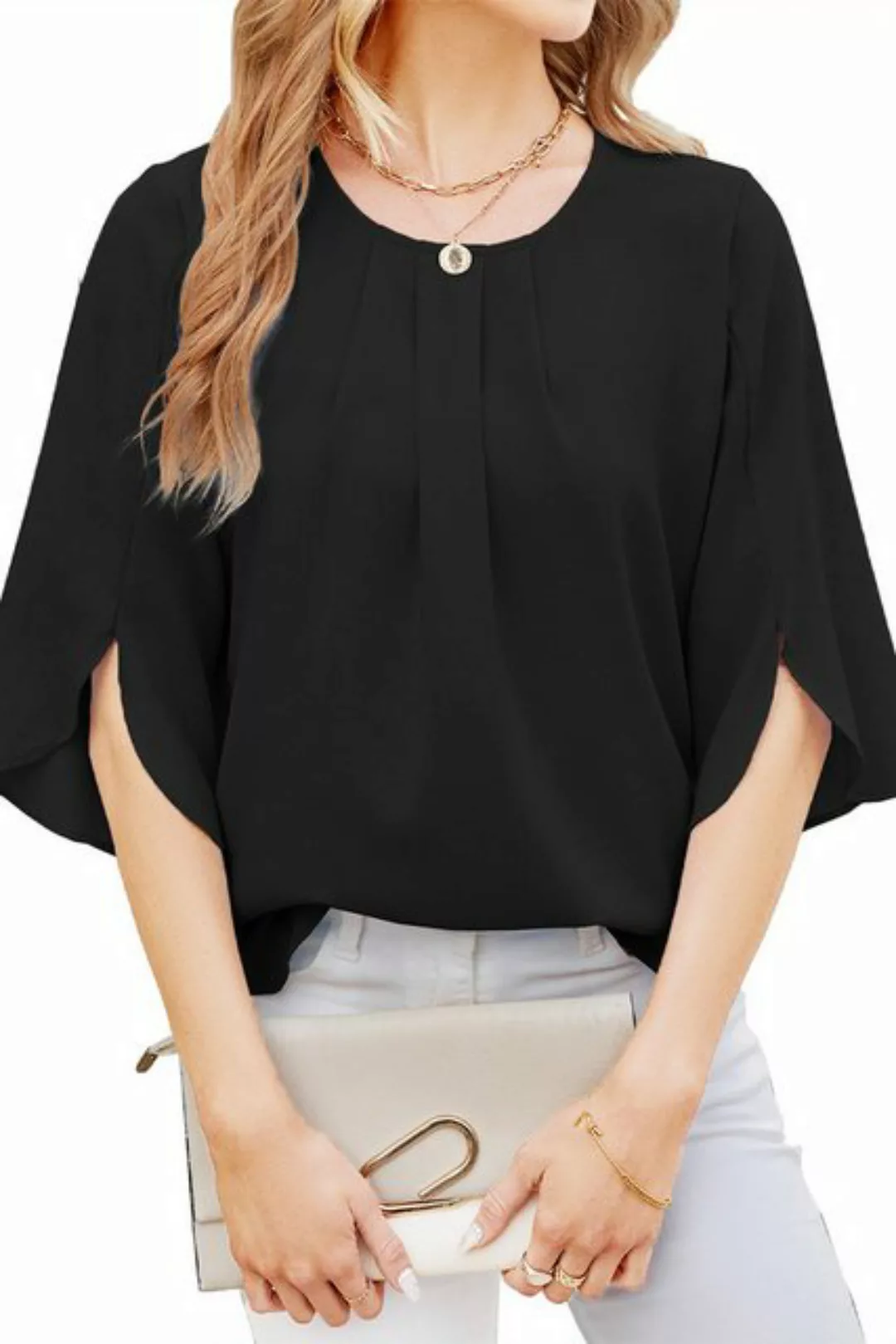JDMGZSR Blusentop Damen einfarbig Pull-on-Shirt Anmut Chiffonbluse Kurzarm- günstig online kaufen