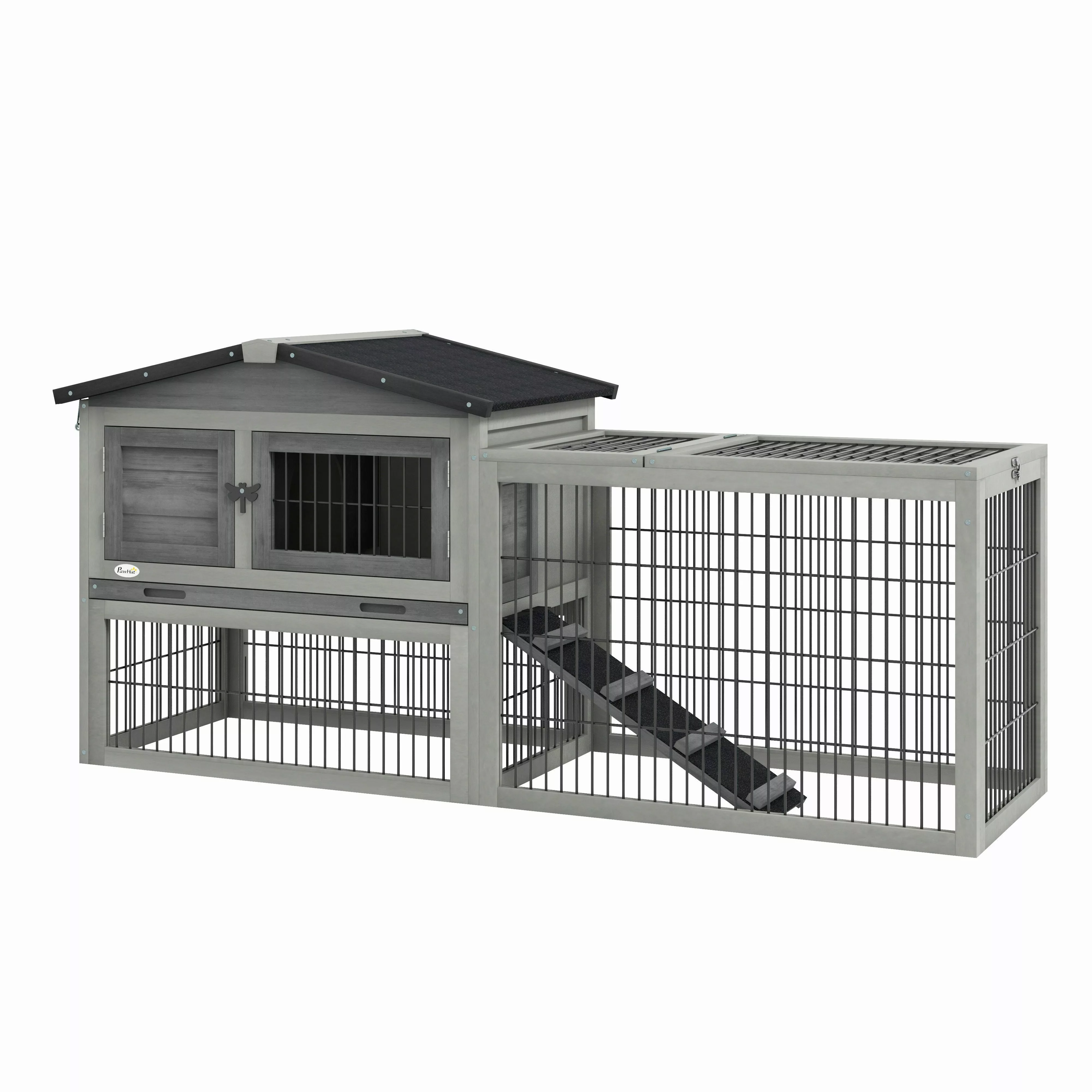 PawHut Kleintierstall mit Freigehege, Tannenholz, Grau, günstig online kaufen