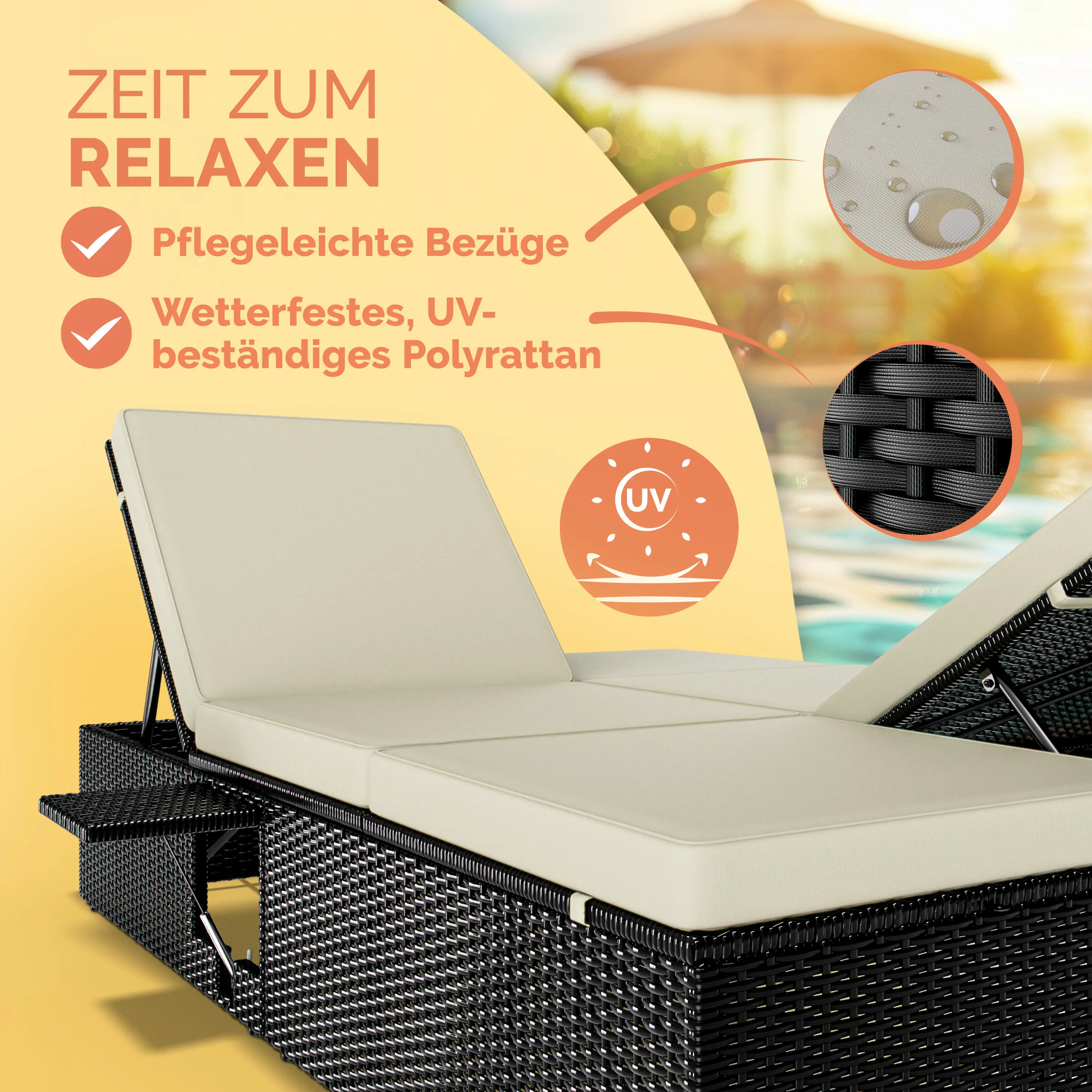 Polyrattan Sonnenliege Schwarz/Creme 200x115x33cm günstig online kaufen