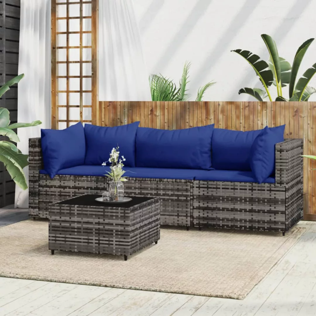 Vidaxl 4-tlg. Garten-lounge-set Mit Kissen Grau Poly Rattan günstig online kaufen