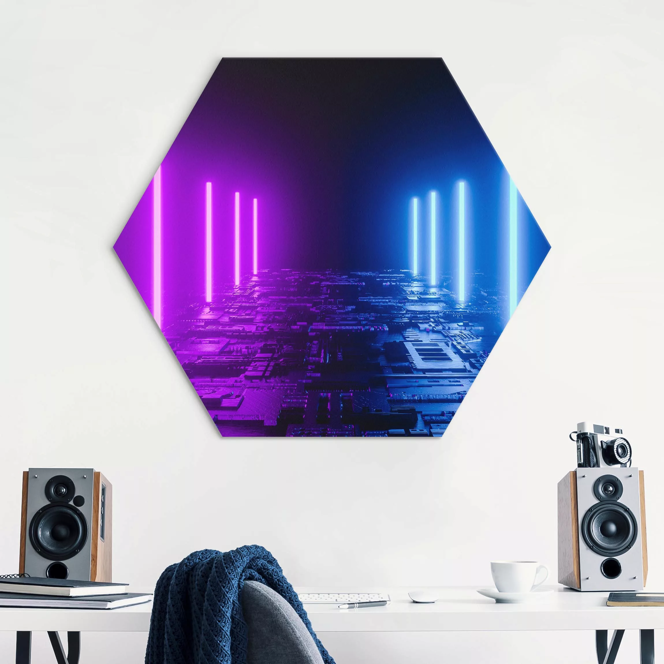 Hexagon-Forexbild Neonlichter in Lila und Blau günstig online kaufen