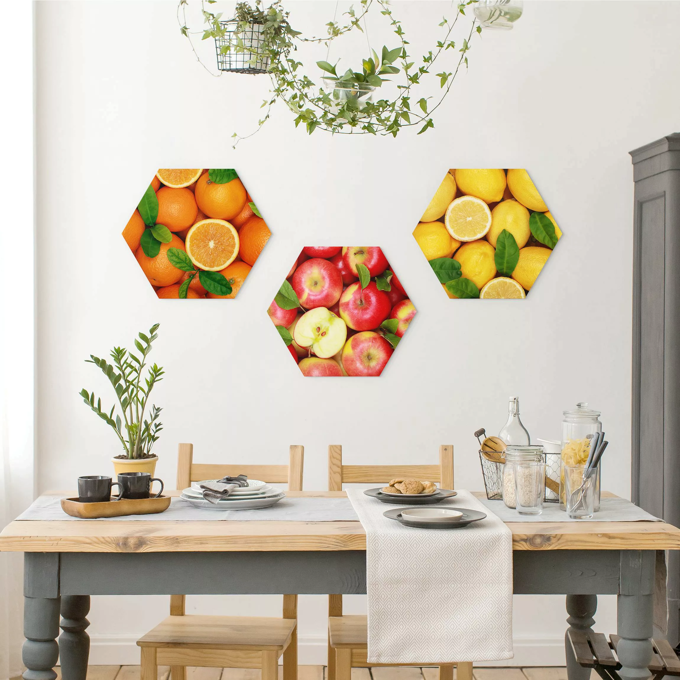 3-teiliges Hexagon-Alu-Dibond Bild Frische Früchte günstig online kaufen