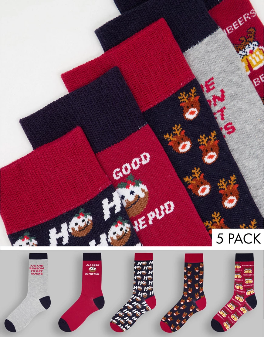 New Look – 5er-Pack Socken in marineblau und mehrfarbig mit Weihnachts-Prin günstig online kaufen