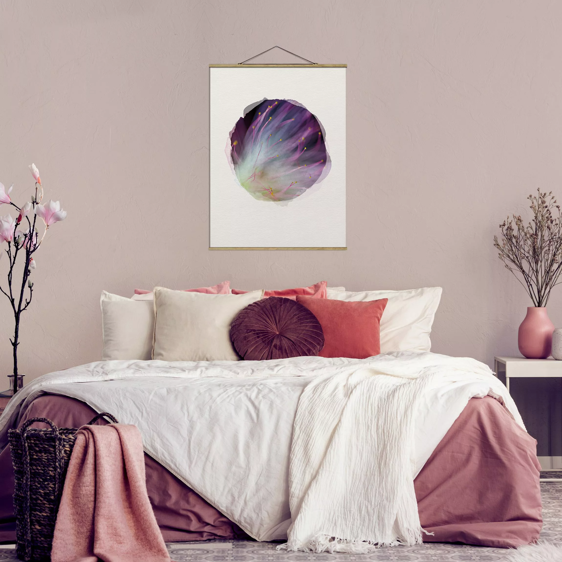 Stoffbild Blumen mit Posterleisten - Hochformat Wasserfarben - Blütenstaub günstig online kaufen