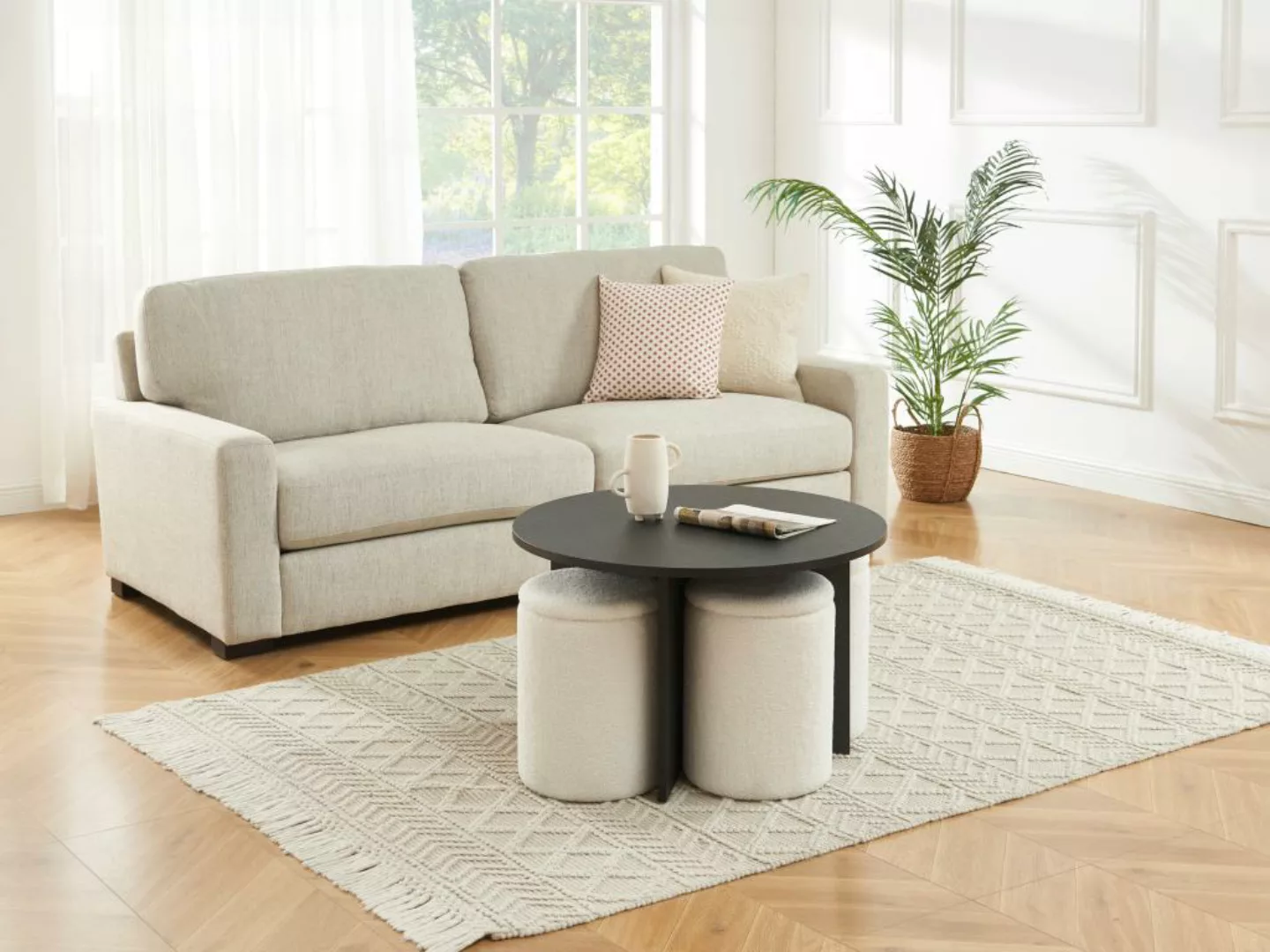 Couchtisch aus MDF + 4 Hocker aus Bouclé-Stoff - Schwarz & Weiß - AKSAY günstig online kaufen