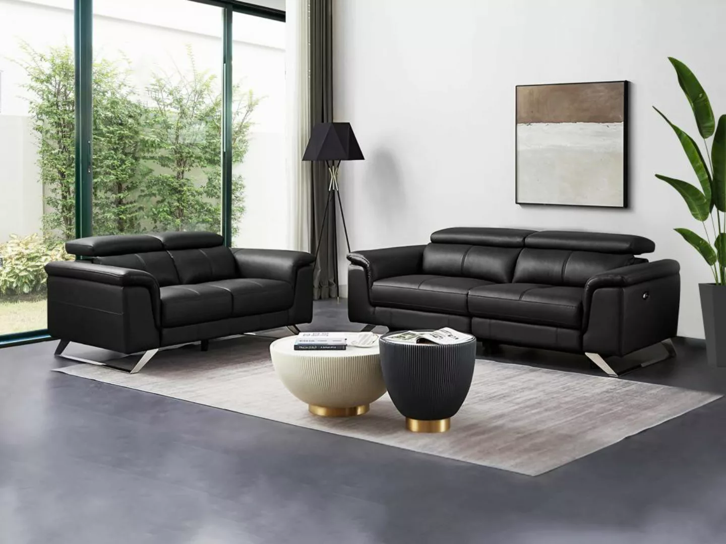 Relaxsofa 3-Sitzer elektrisch und 2-Sitzer - Rindsleder - Schwarz - BREYT I günstig online kaufen