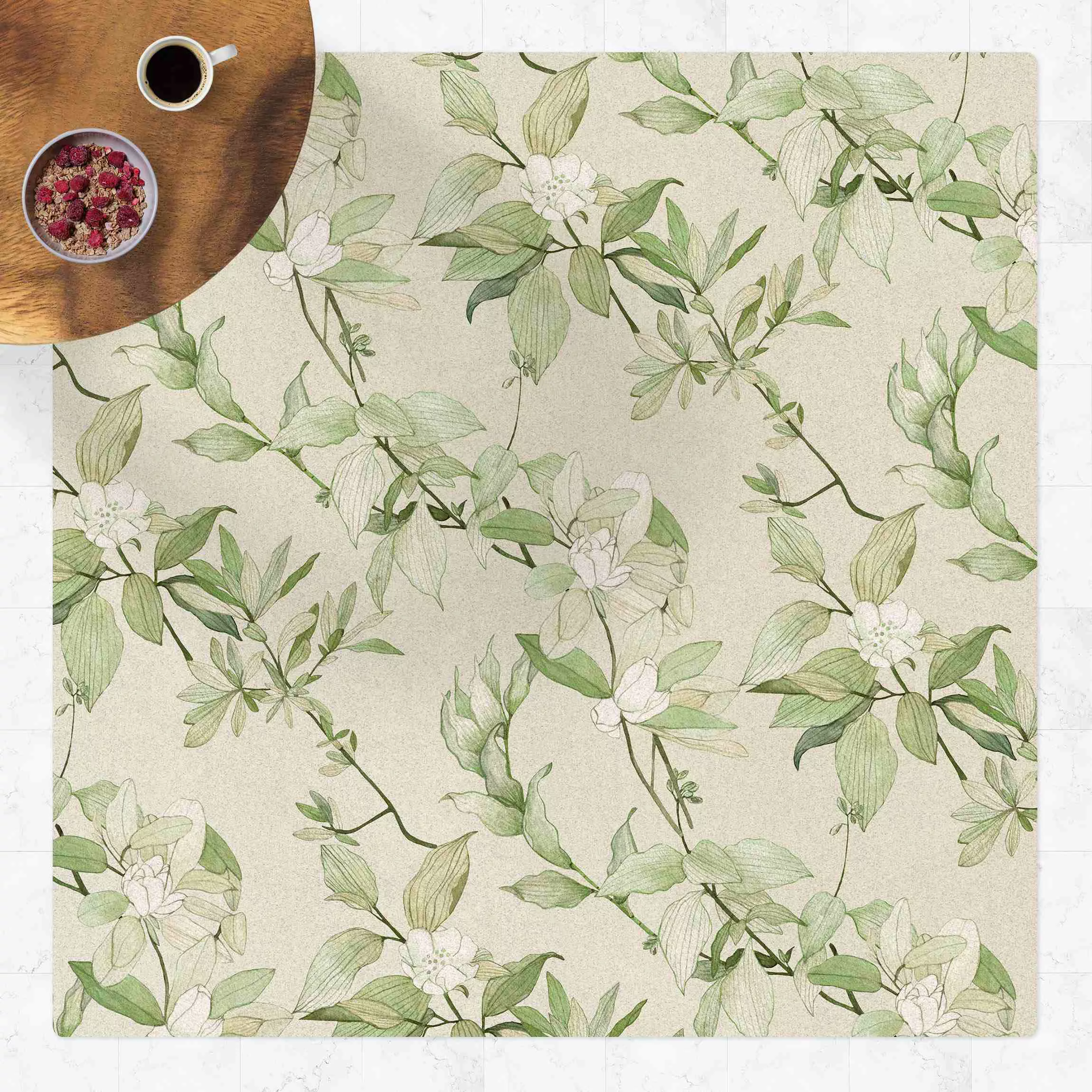 Kork-Teppich Romantisches Blütenaquarell Natur Grün günstig online kaufen