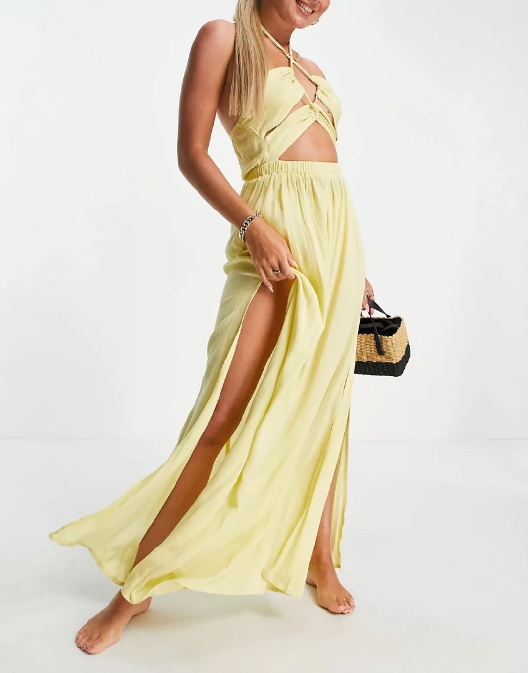 ASOS DESIGN – Maxi-Strandkleid mit Zierausschnitten in Gelb günstig online kaufen