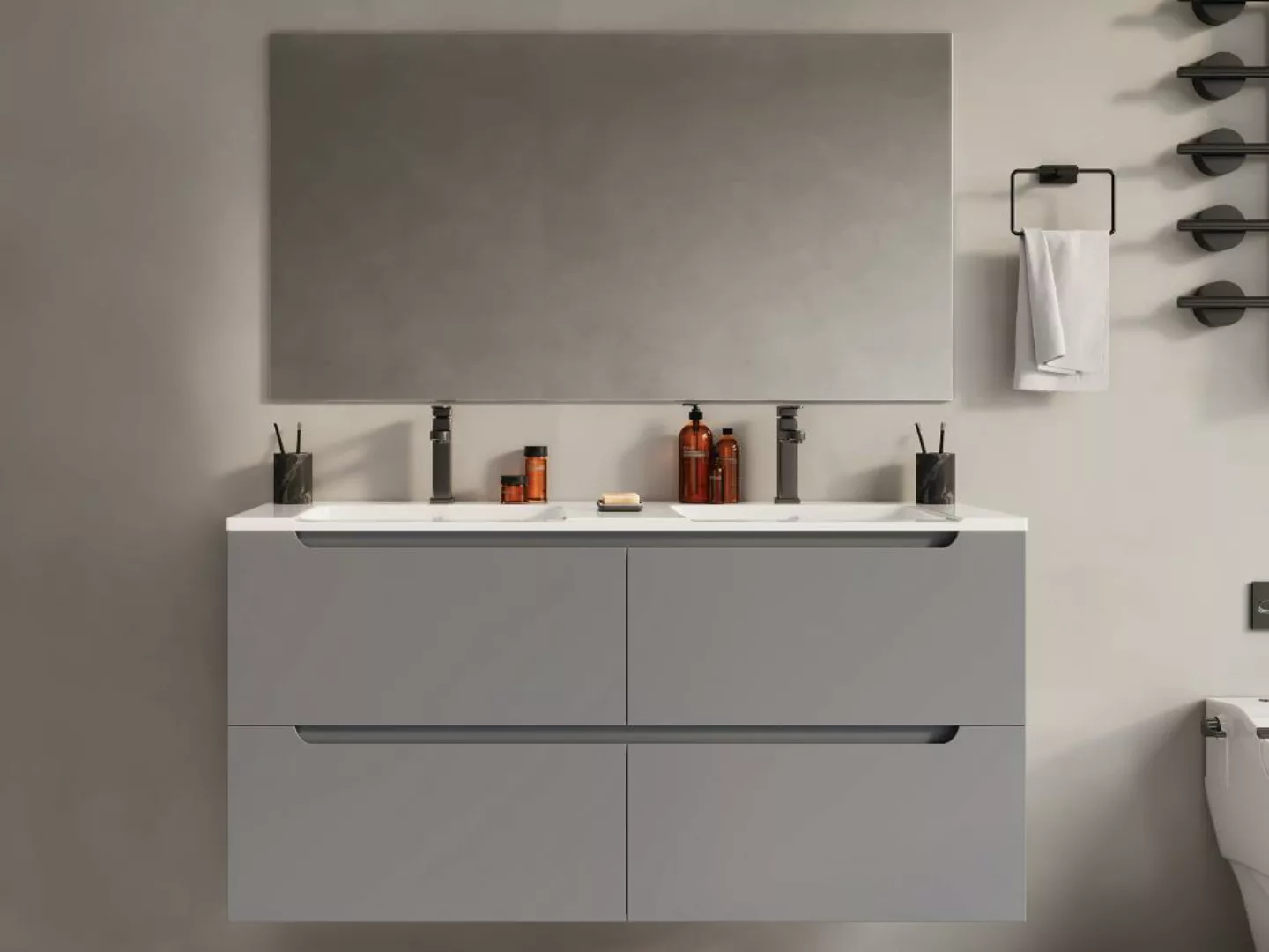 Waschbeckenunterschrank hängend mit Doppeleinbauwaschbecken - Grau - 120 cm günstig online kaufen