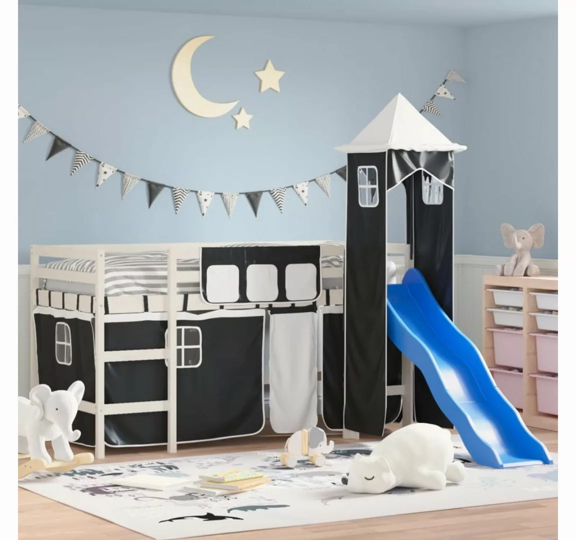 vidaXL Kinderbett Kinderhochbett mit Turm Weiß Schwarz 90x200 cm Kiefernhol günstig online kaufen