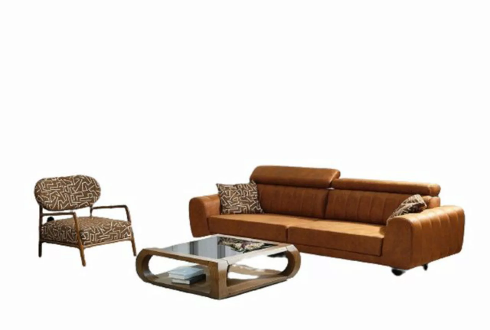 JVmoebel Sofa Komplette Couchgarnitur Viersitzer Sessel Couch Braun Kunstle günstig online kaufen
