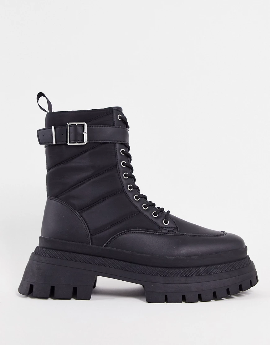 ASOS DESIGN – Wadenhohe, wattierte Stiefel mit dicker Sohle aus schwarzem N günstig online kaufen