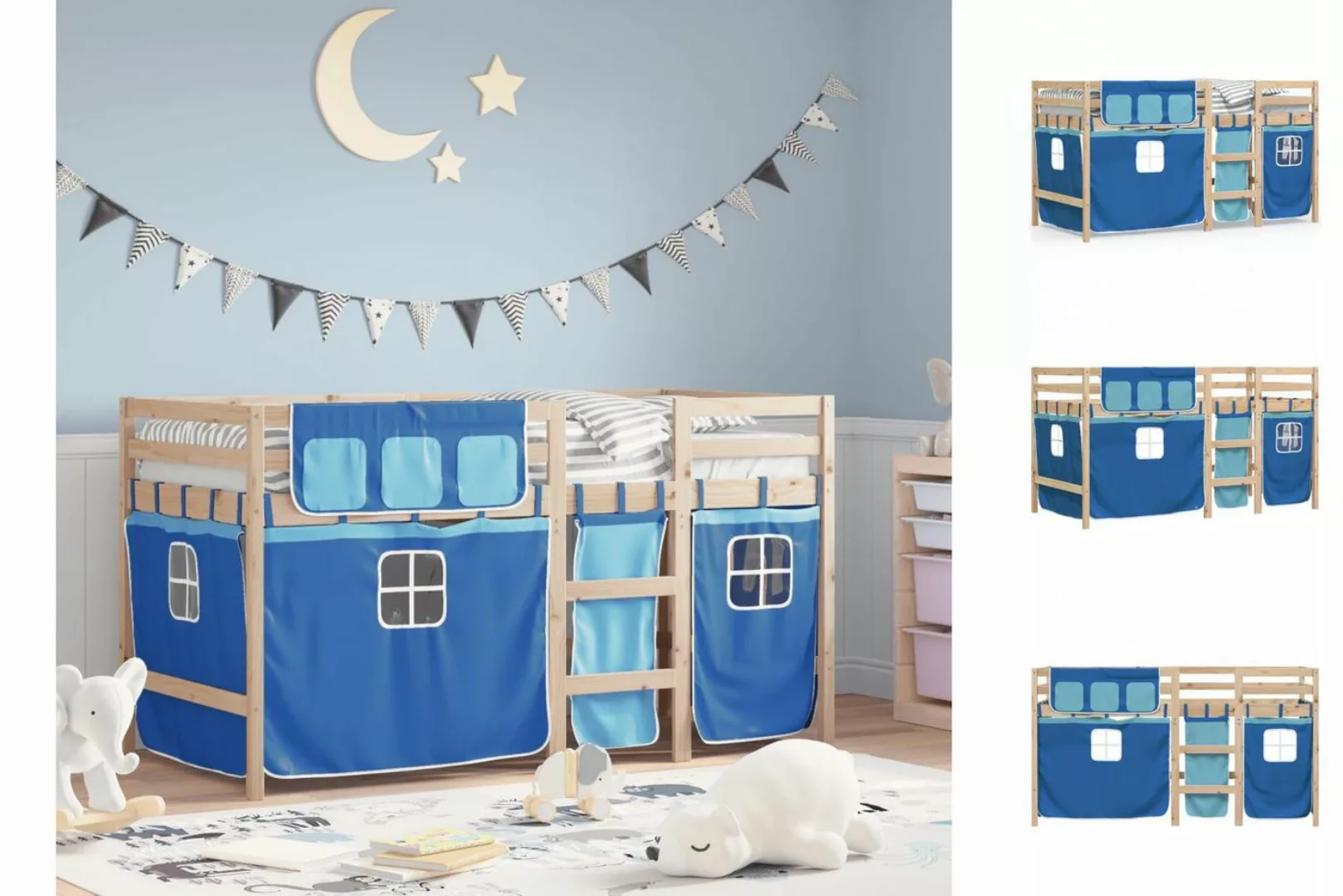 vidaXL Kinderbett Kinderhochbett mit Vorhängen Blau 80x200 cm Massivholz Ki günstig online kaufen