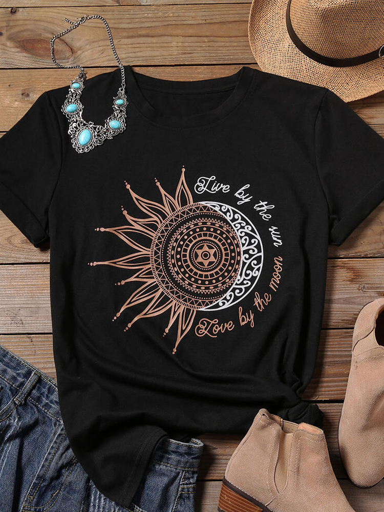 Sunflower Moon Print Kurzarm T-Shirt für Damen günstig online kaufen