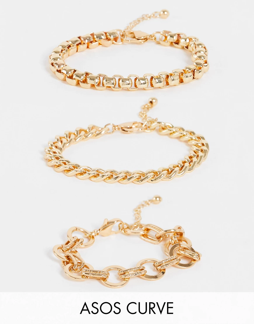 ASOS DESIGN Curve – Goldfarbene Armbänder im Vintage-Kettendesign, 3er-Pack günstig online kaufen