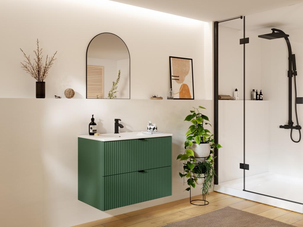 Waschbeckenunterschrank hängend - Streifenoptik - Grün matt - 80 cm - ZEVIN günstig online kaufen
