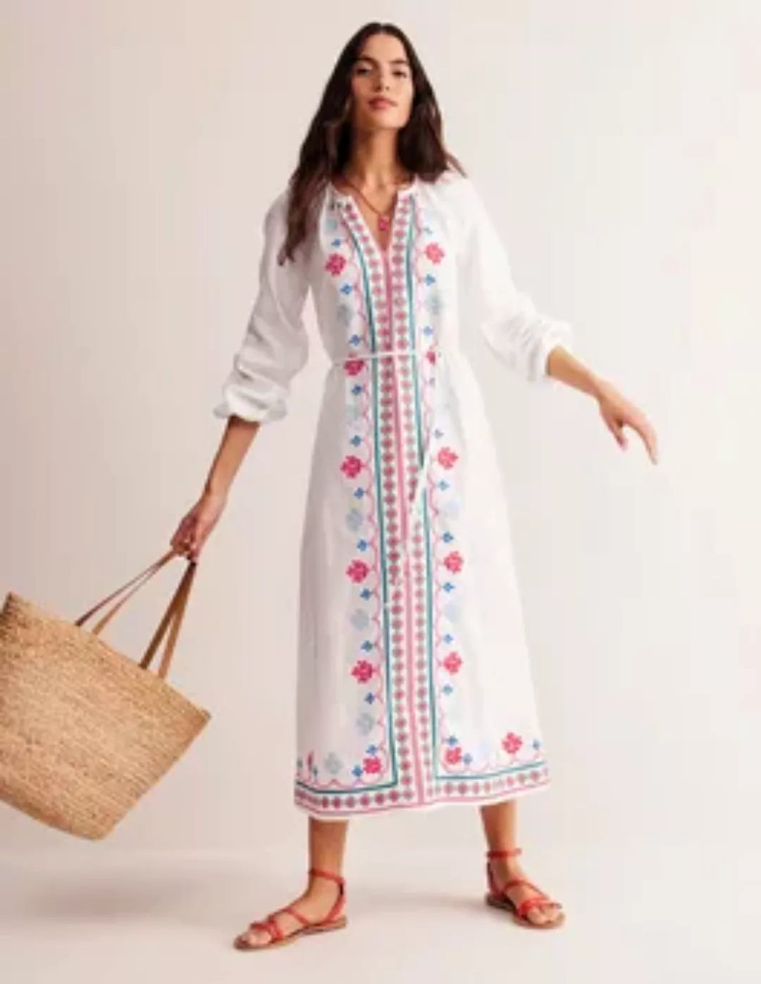Besticktes Leinenkleid mit Gürtel Damen Boden, Weiß, Bunt günstig online kaufen