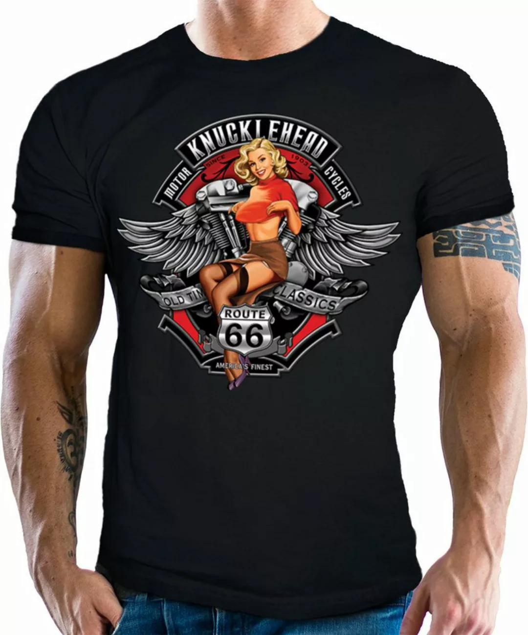 GASOLINE BANDIT® T-Shirt für Motorradfahrer und Biker: Knucklehead Pinup günstig online kaufen