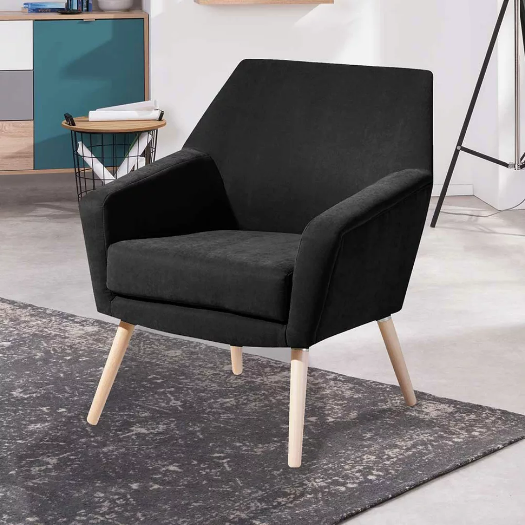 Loft Sessel Retro in Schwarz Velours Vierfußgestell aus Holz günstig online kaufen