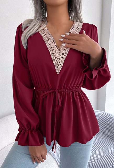 CHENIN Langarmhemd Damen Lace V-Neck Tie Waist Ruffle Chiffon Bluse Lässige günstig online kaufen