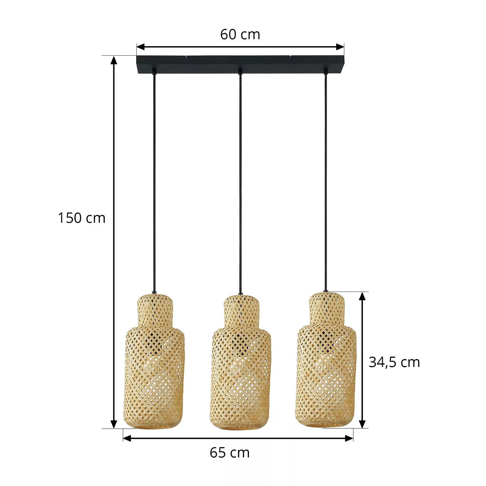 Lindby Hängeleuchte Venora, länglich, 3-flg., 15 cm, Bambus günstig online kaufen