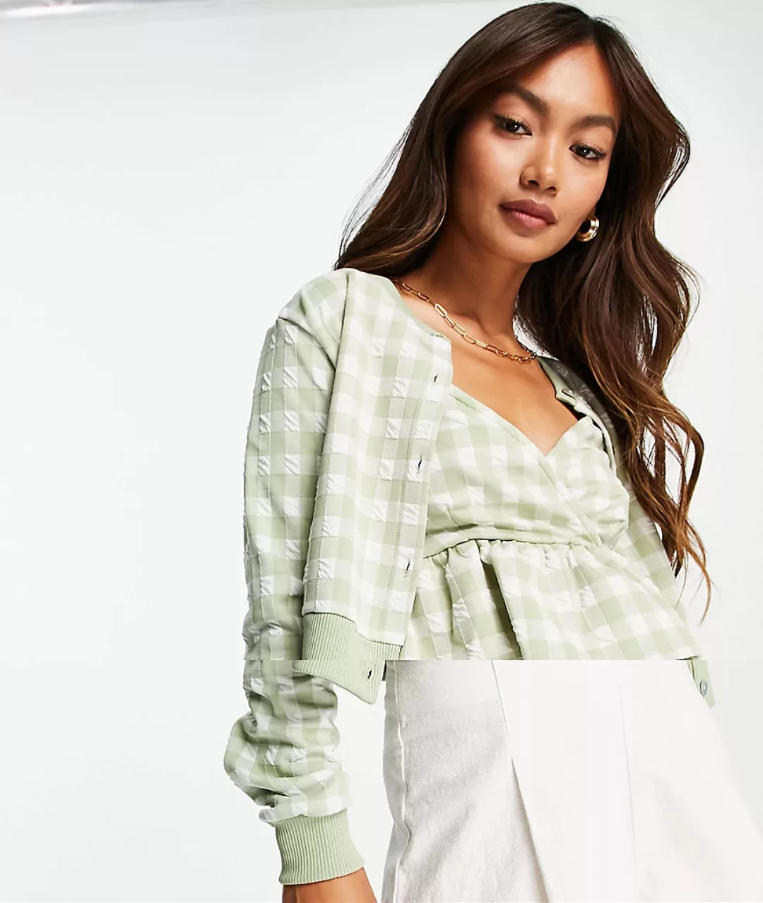 River Island – Set mit Camisole und Strickjacke in Grün kariert günstig online kaufen