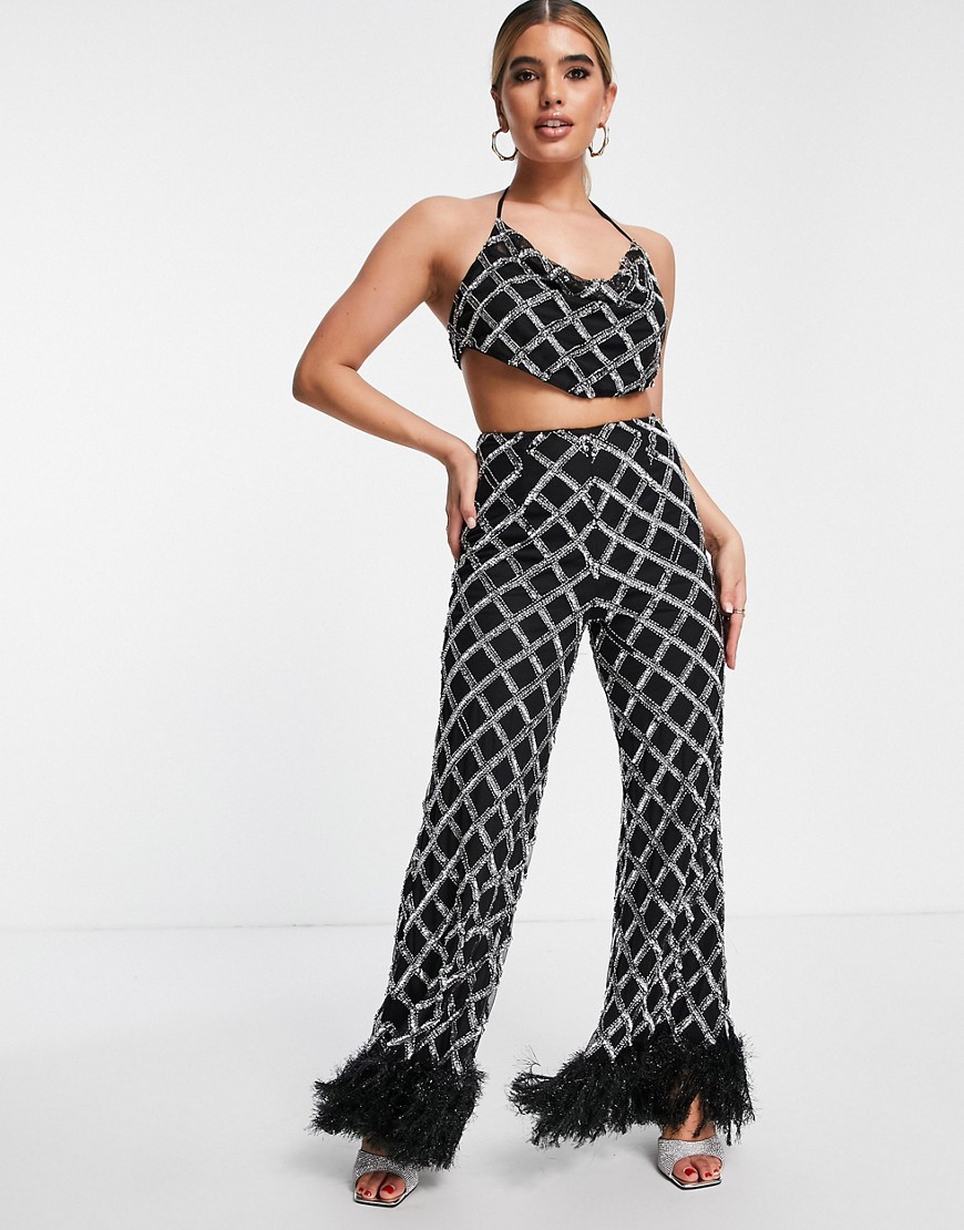 ASOS LUXE – Schlaghose mit Verzierung und Kunstfeder-Saum in Schwarz und Si günstig online kaufen