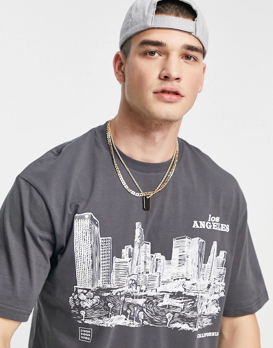 WS Topman – Oversize-T-Shirt in Grau mit skizziertem LA-Print günstig online kaufen