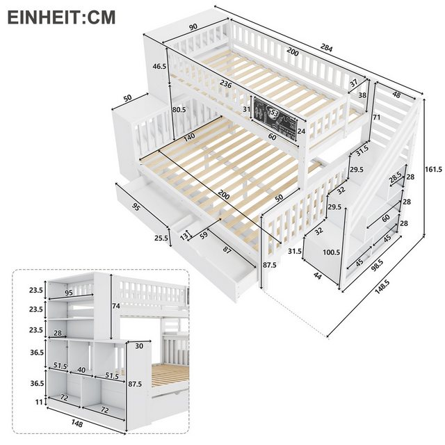 Flieks Etagenbett, Kinderbett 90x200cm+140x200cm mit Tafel, 2 Schubladen, S günstig online kaufen