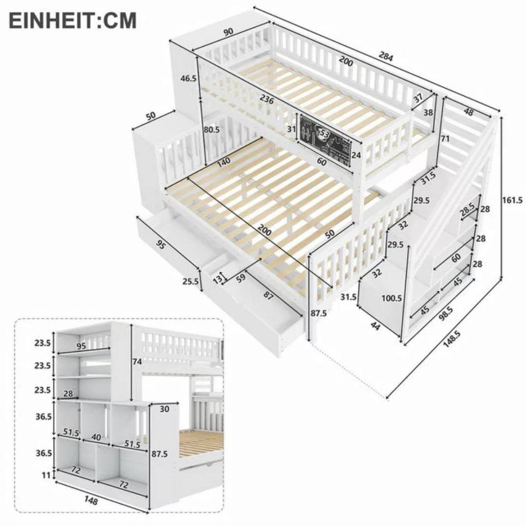 Flieks Etagenbett, Kinderbett 90x200cm+140x200cm mit Tafel, 2 Schubladen, S günstig online kaufen