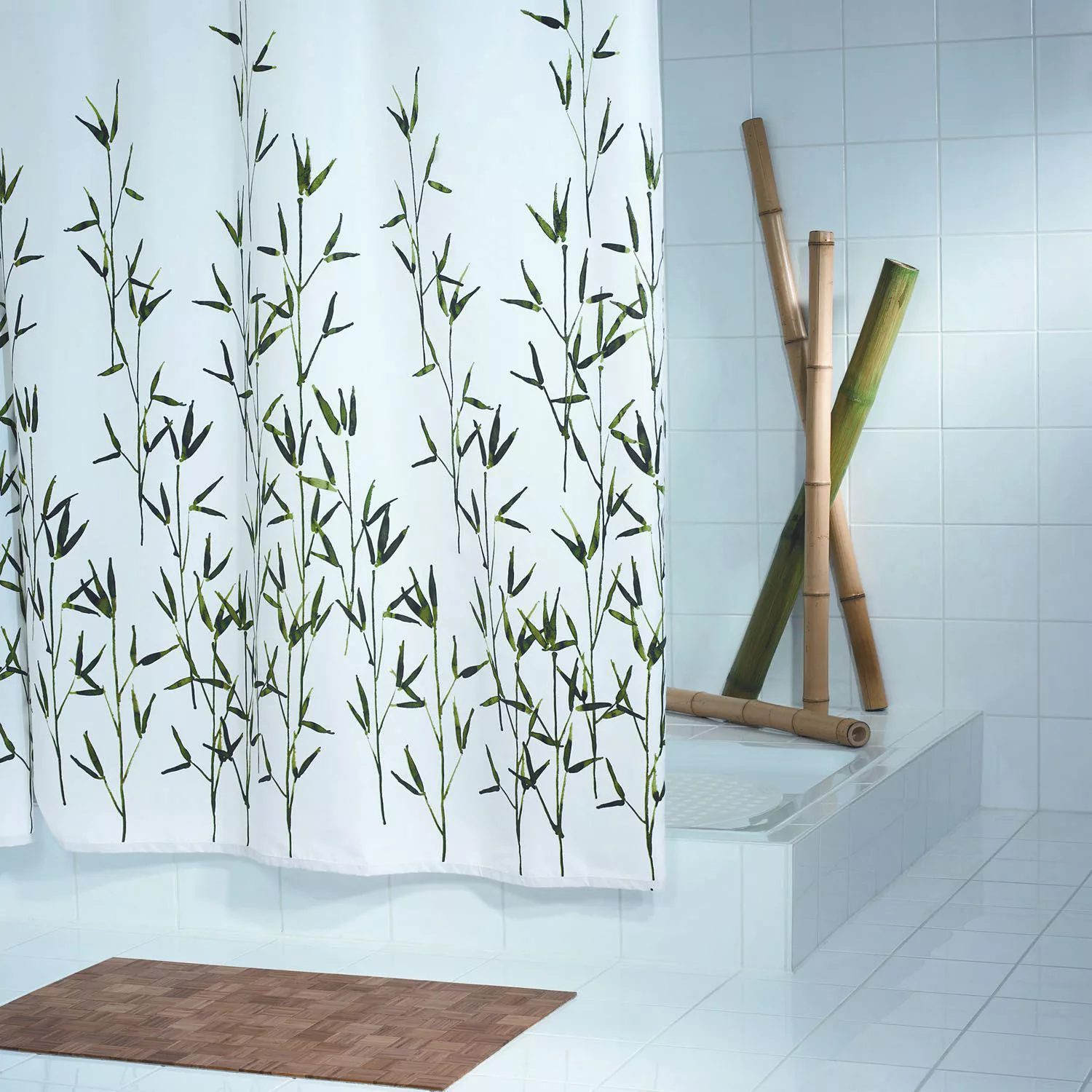 home24 Grund Duschvorhang Bambu Weiß/Grün Kunstfaser 180x200 cm (BxH) günstig online kaufen